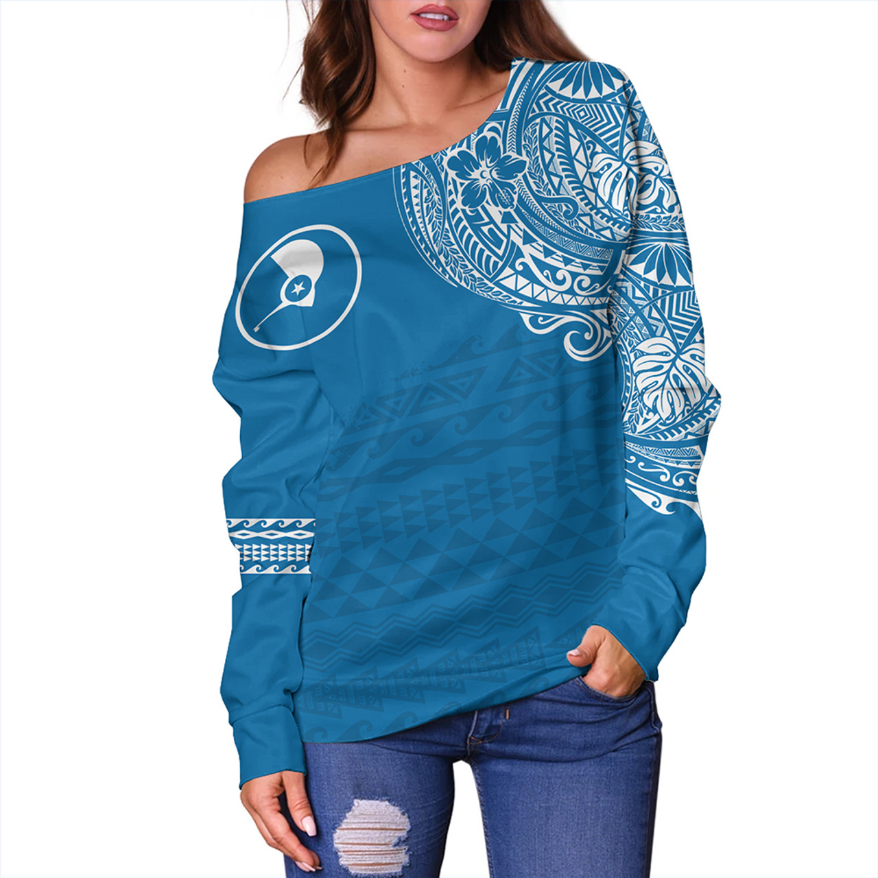Yap State Off Shoulder Sweatshirt Polynesian Flag With Coat Of Arms
