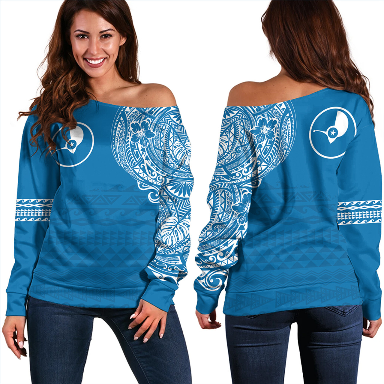 Yap State Off Shoulder Sweatshirt Polynesian Flag With Coat Of Arms