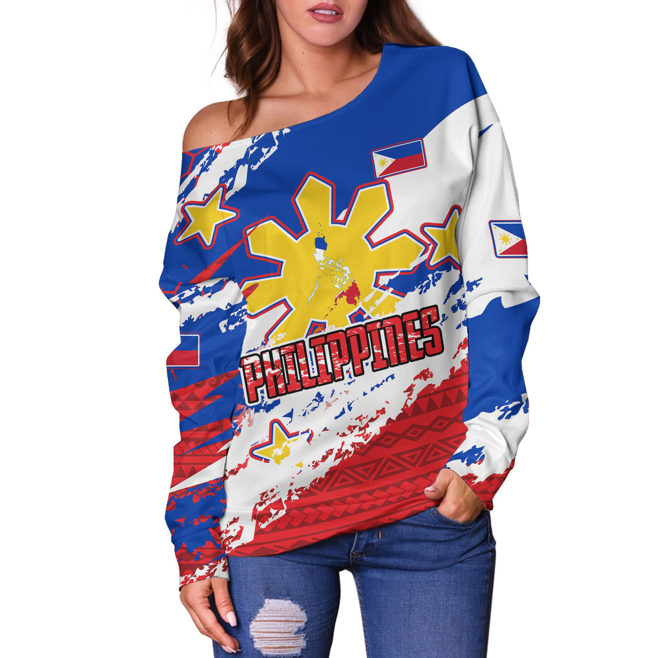 Philippines Filipinos Off Shoulder Sweatshirt Custom Filipino Sun 3 Stars Bicolor Flag Tribal Grunge Style