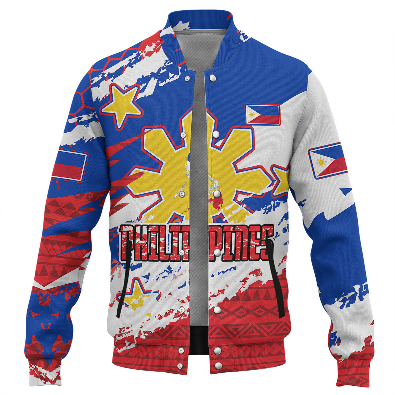 Philippines Filipinos Baseball Jacket Custom Filipino Sun 3 Stars Bicolor Flag Tribal Grunge Style