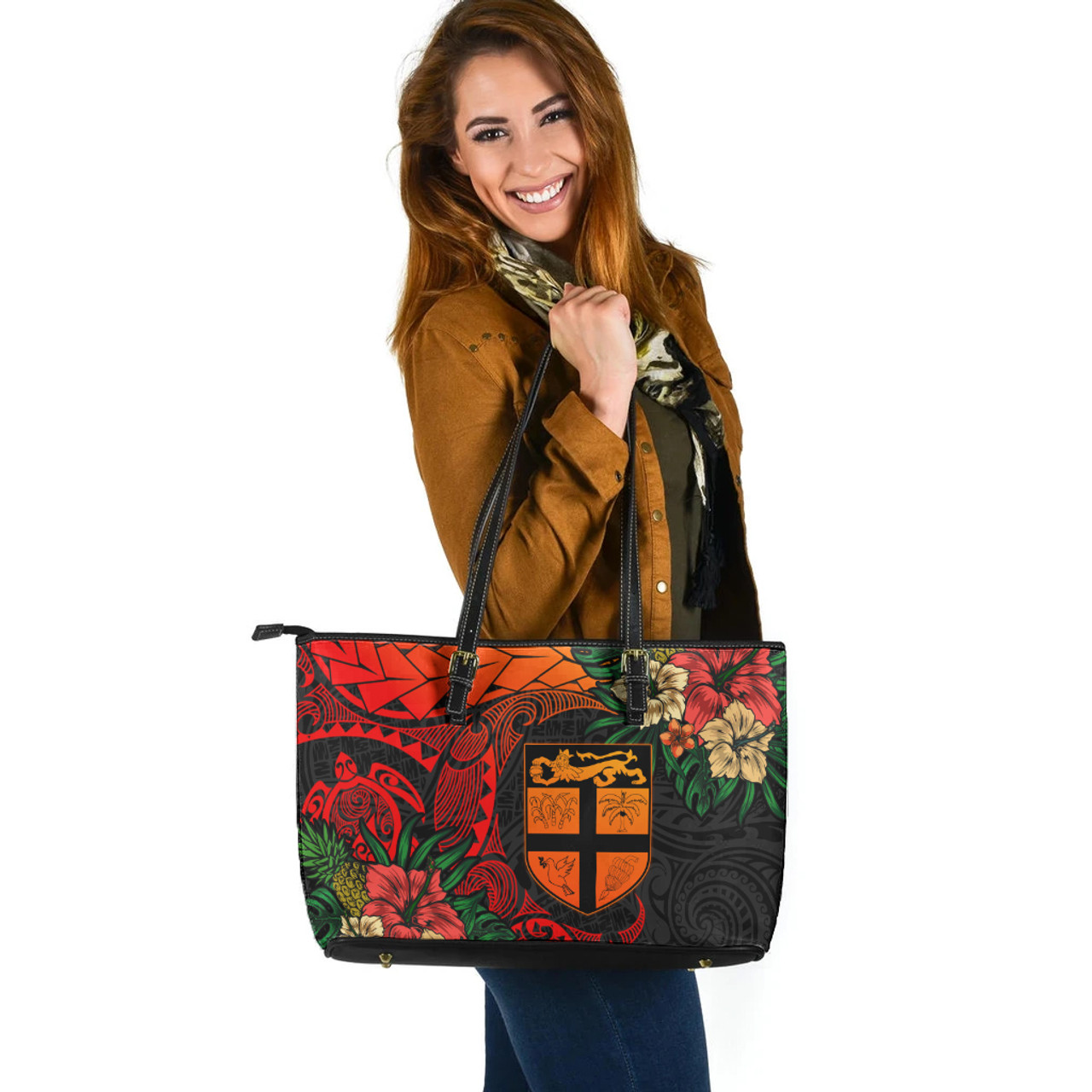 Fiji Leather Tote Bag Polynesian Turtle Tropical