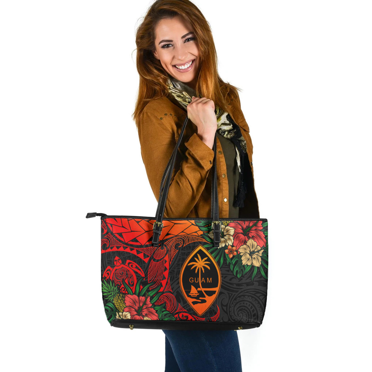 Guam Leather Tote Bag Polynesian Turtle Tropical