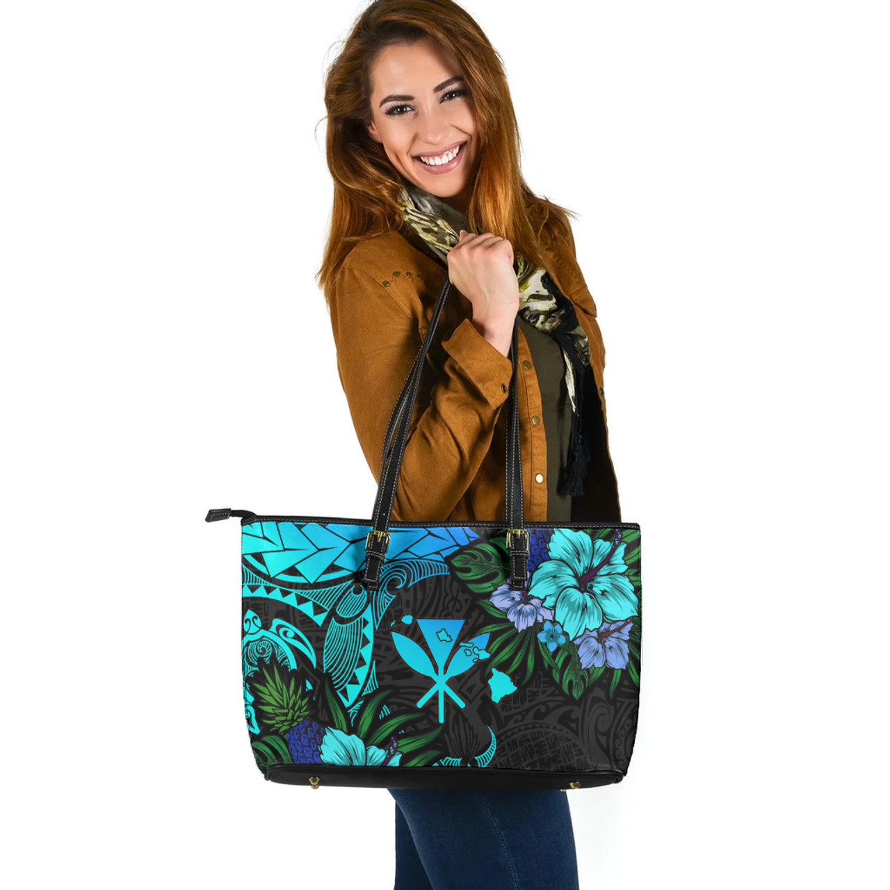 Hawaii Leather Tote Bag Polynesian Turtle Tropical Blue Gardient Blue