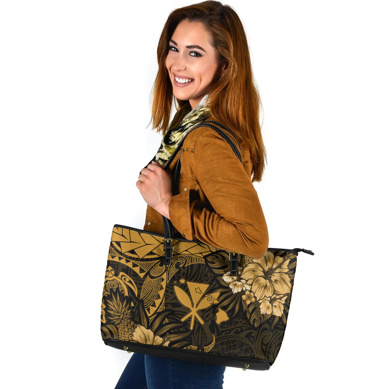 Hawaii Leather Tote Bag Polynesian Turtle Tropical Golden