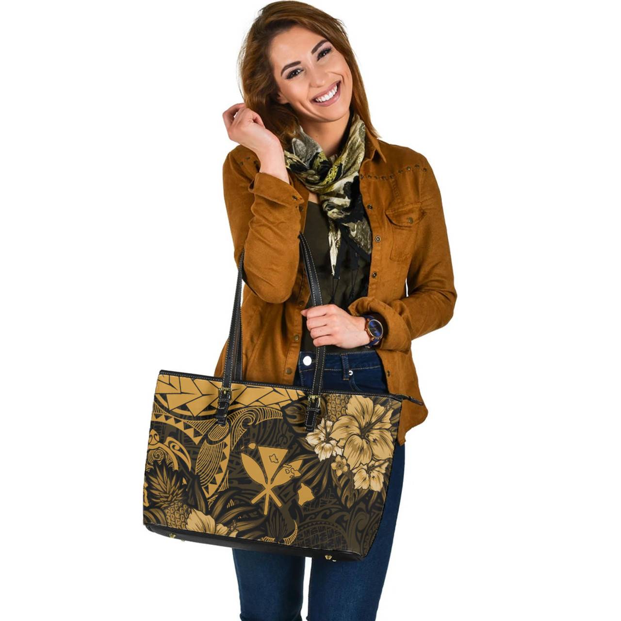 Hawaii Leather Tote Bag Polynesian Turtle Tropical Golden