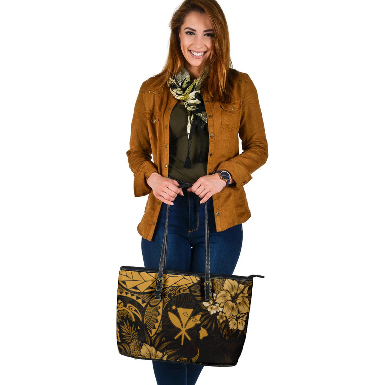 Hawaii Leather Tote Bag Polynesian Turtle Tropical Golden