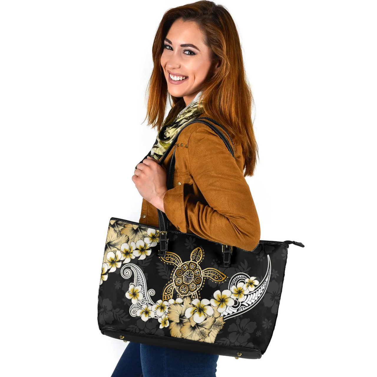 Hawaii Leather Tote Bag Turtle Gold Tropical