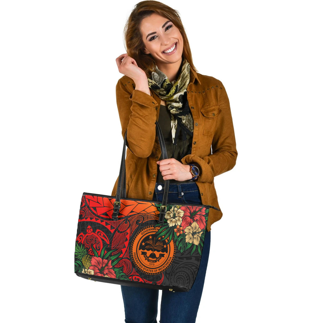 Micronesia Leather Tote Bag Polynesian Turtle Tropical