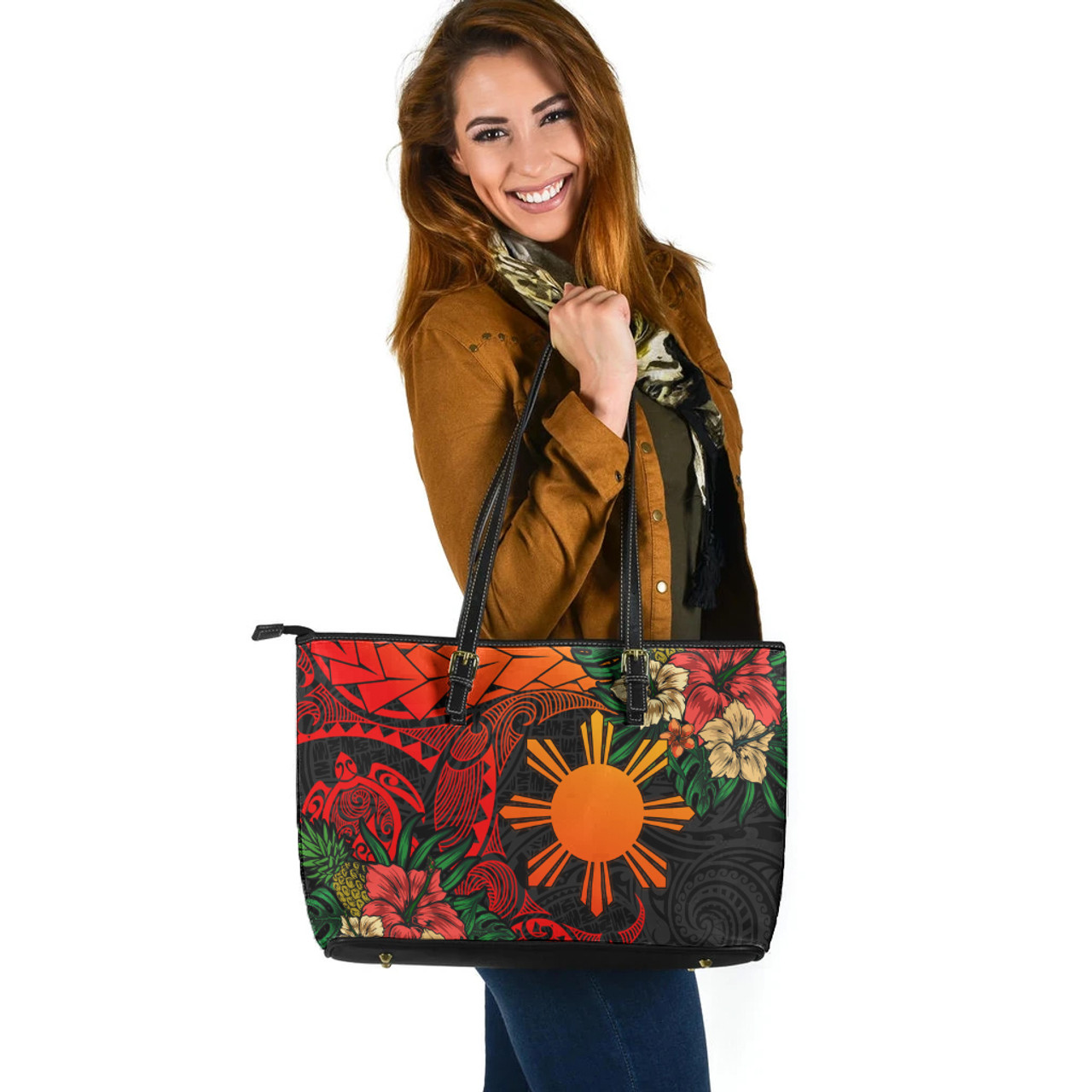 Philippines Leather Tote Bag Polynesian Turtle Tropical