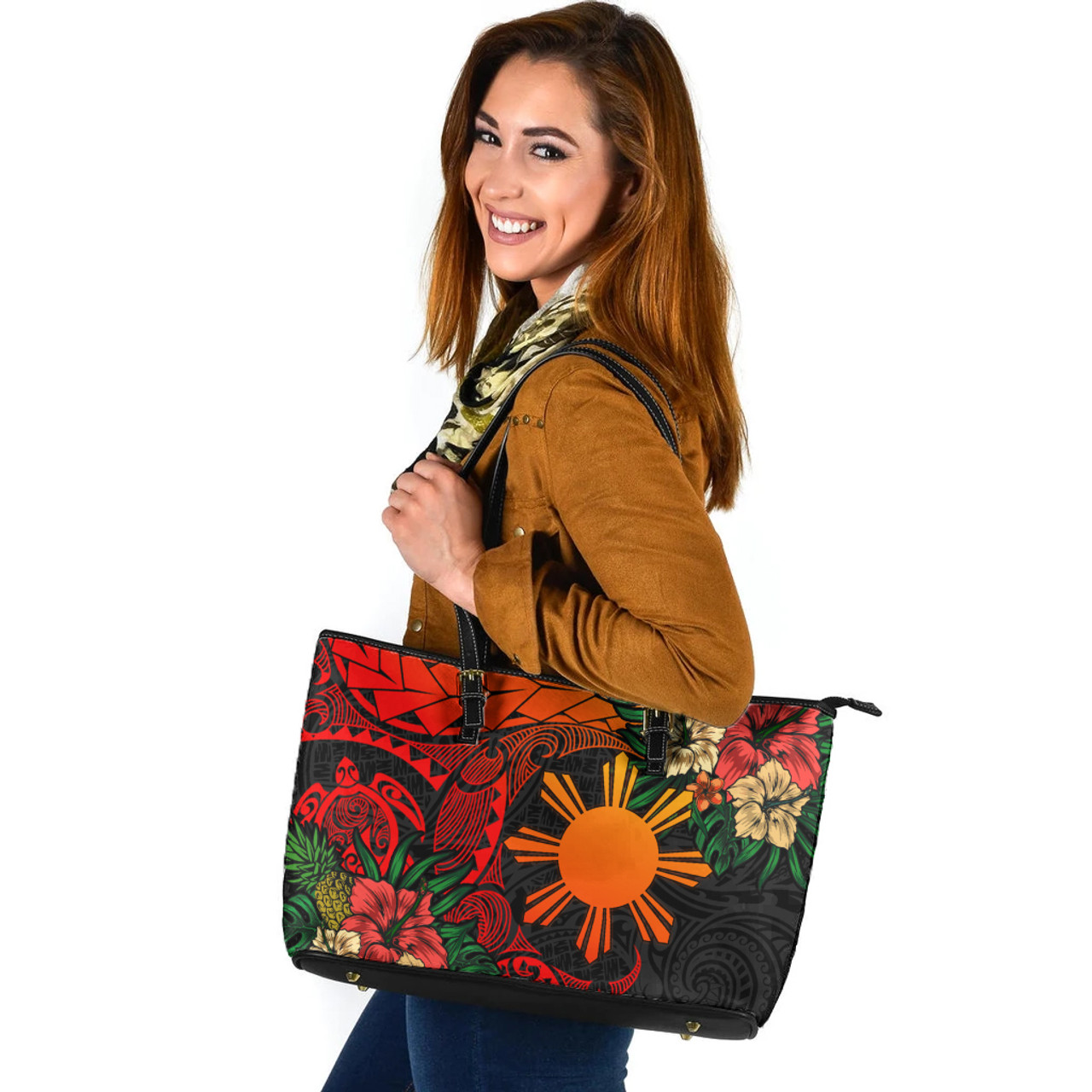 Philippines Leather Tote Bag Polynesian Turtle Tropical