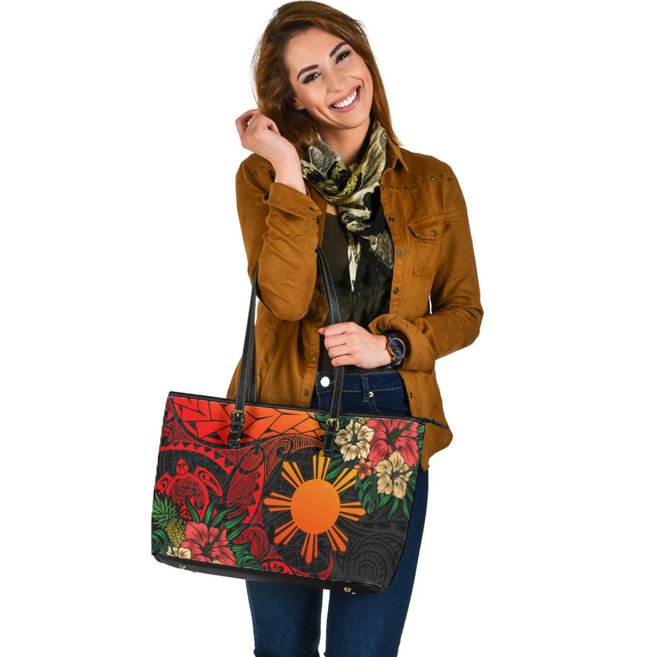 Philippines Leather Tote Bag Polynesian Turtle Tropical