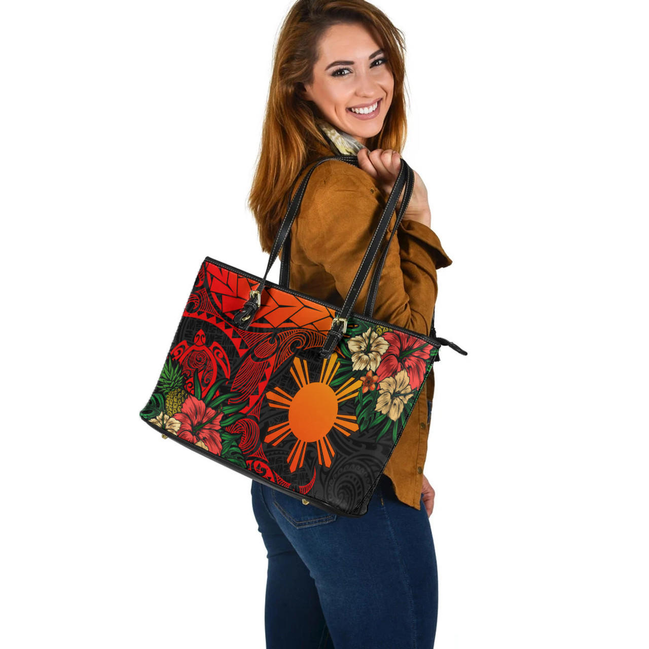 Philippines Leather Tote Bag Polynesian Turtle Tropical