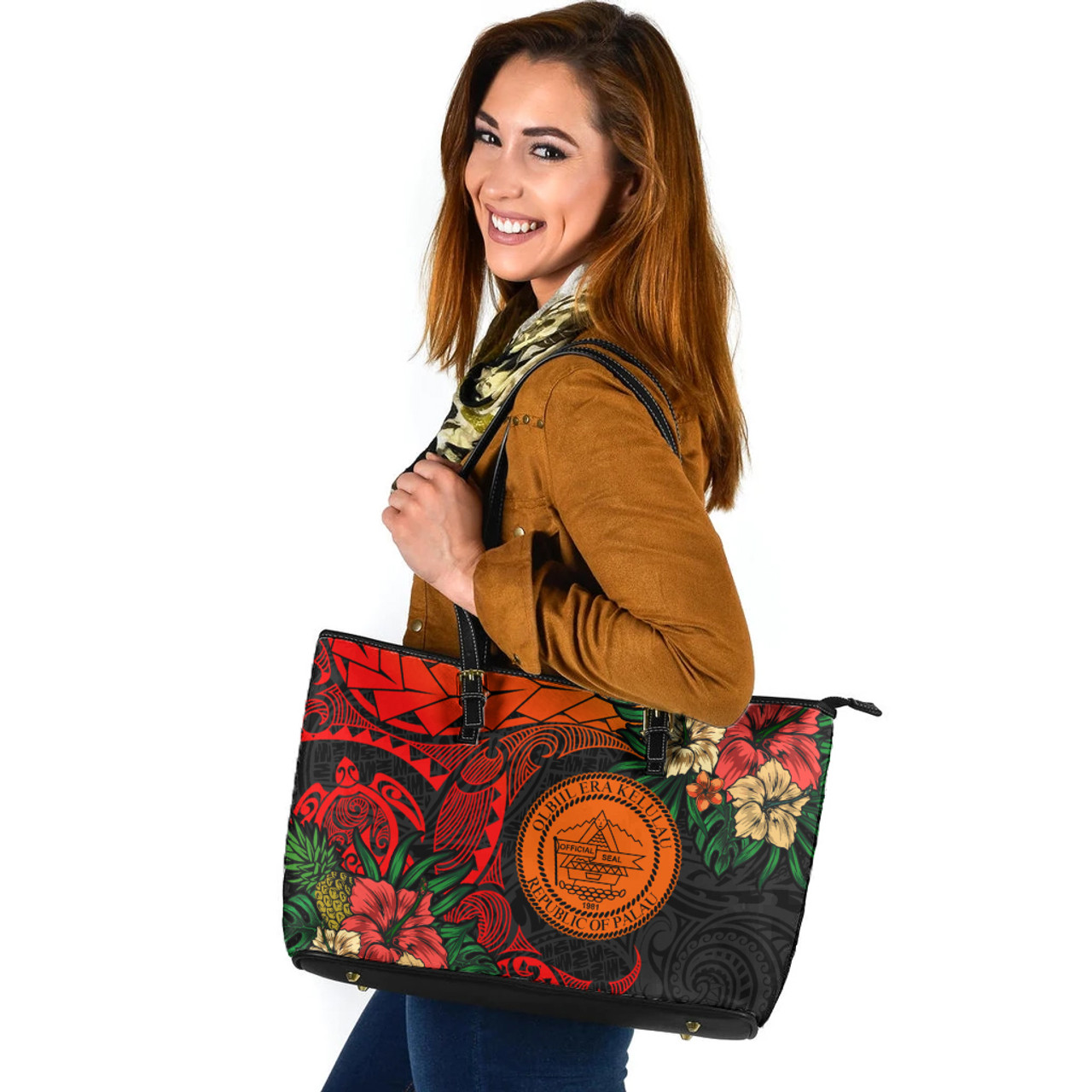 Seal of Palau Leather Tote Bag Polynesian Turtle Tropical