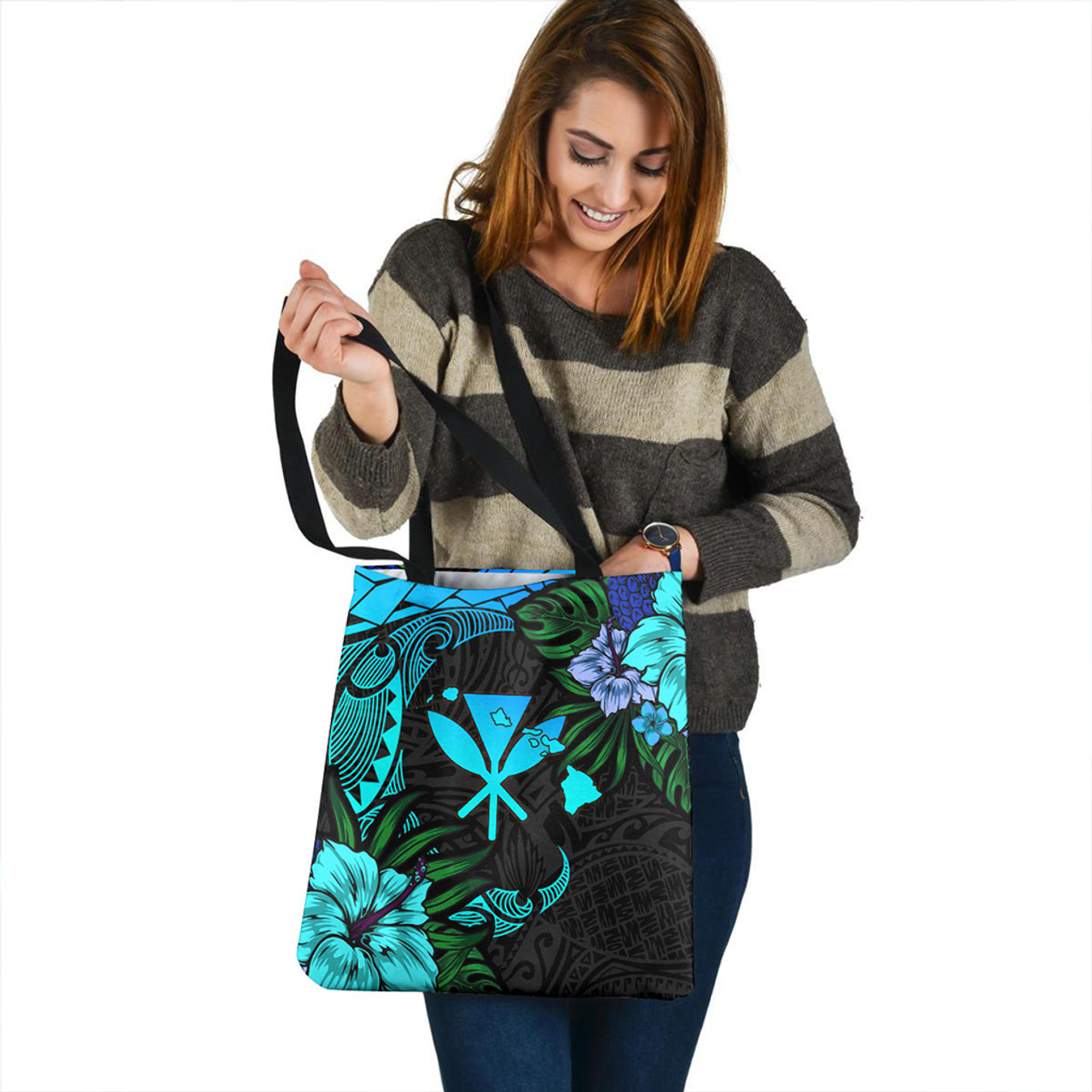 Hawaii Tote Bag Polynesian Turtle Tropical Blue Gardient Blue