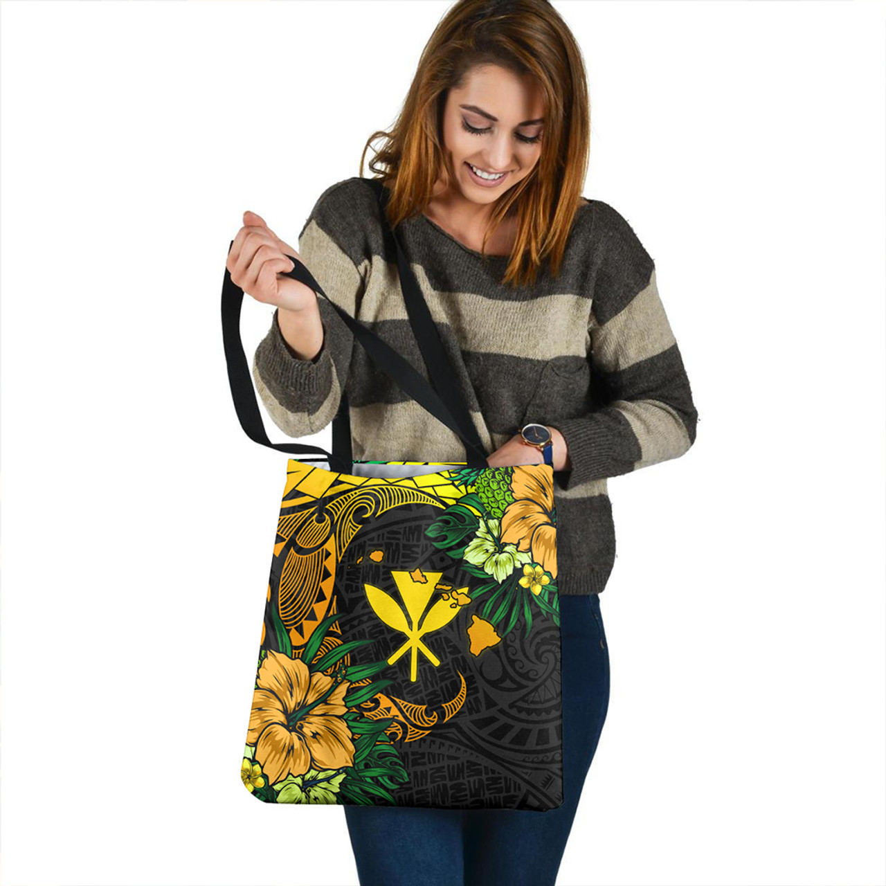 Hawaii Tote Bag Polynesian Turtle Tropical Gardient Yellow