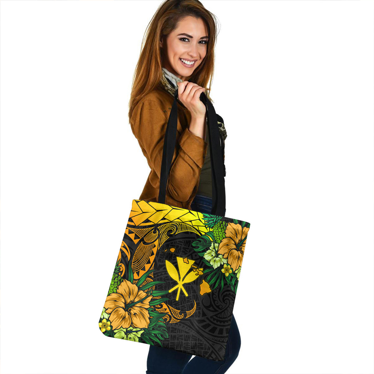 Hawaii Tote Bag Polynesian Turtle Tropical Gardient Yellow