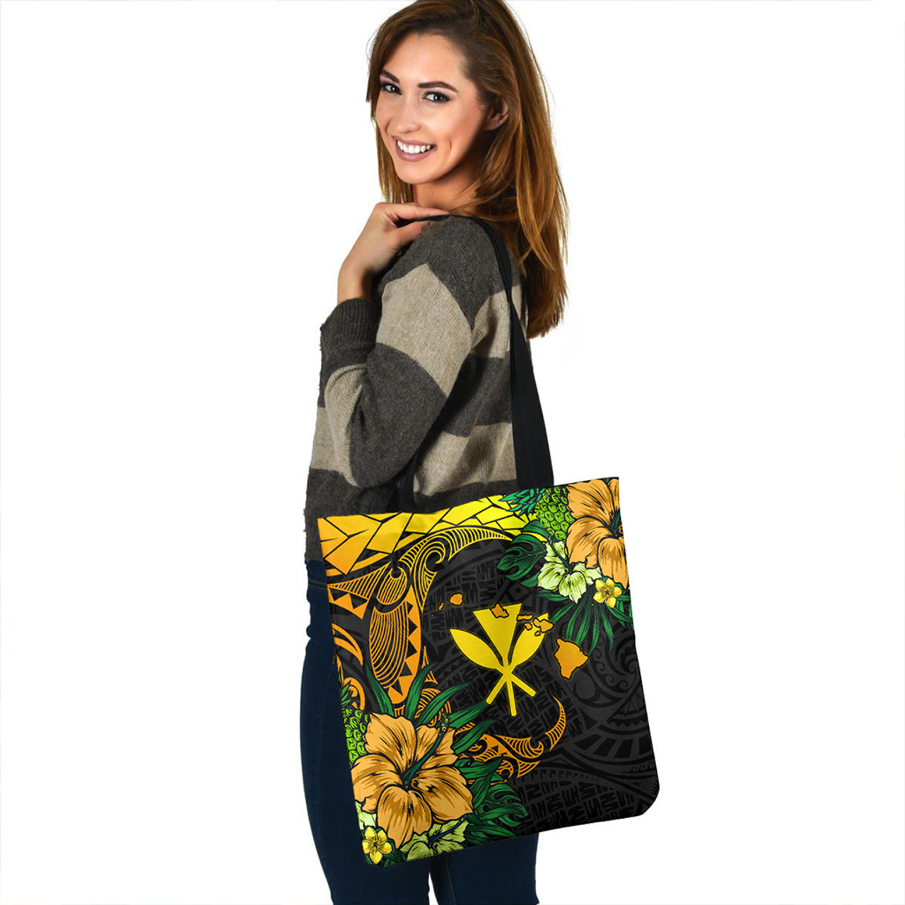 Hawaii Tote Bag Polynesian Turtle Tropical Gardient Yellow