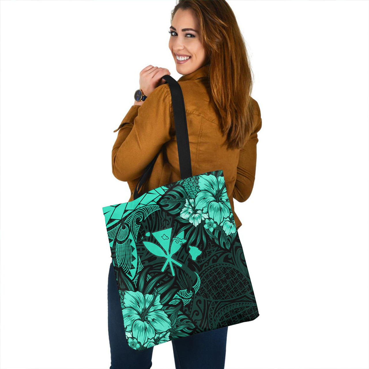 Hawaii Tote Bag Polynesian Turtle Tropical Patina Green