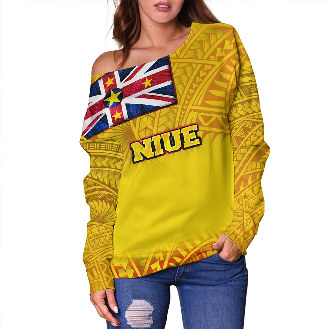 Niue Off Shoulder Sweatshirt Flag Color With Traditional Patterns