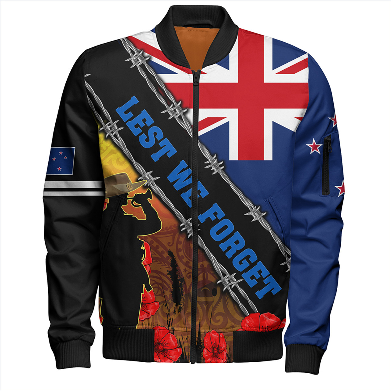 New Zealand Bomber Jacket Lest We Forget Poppy Barbwire Style