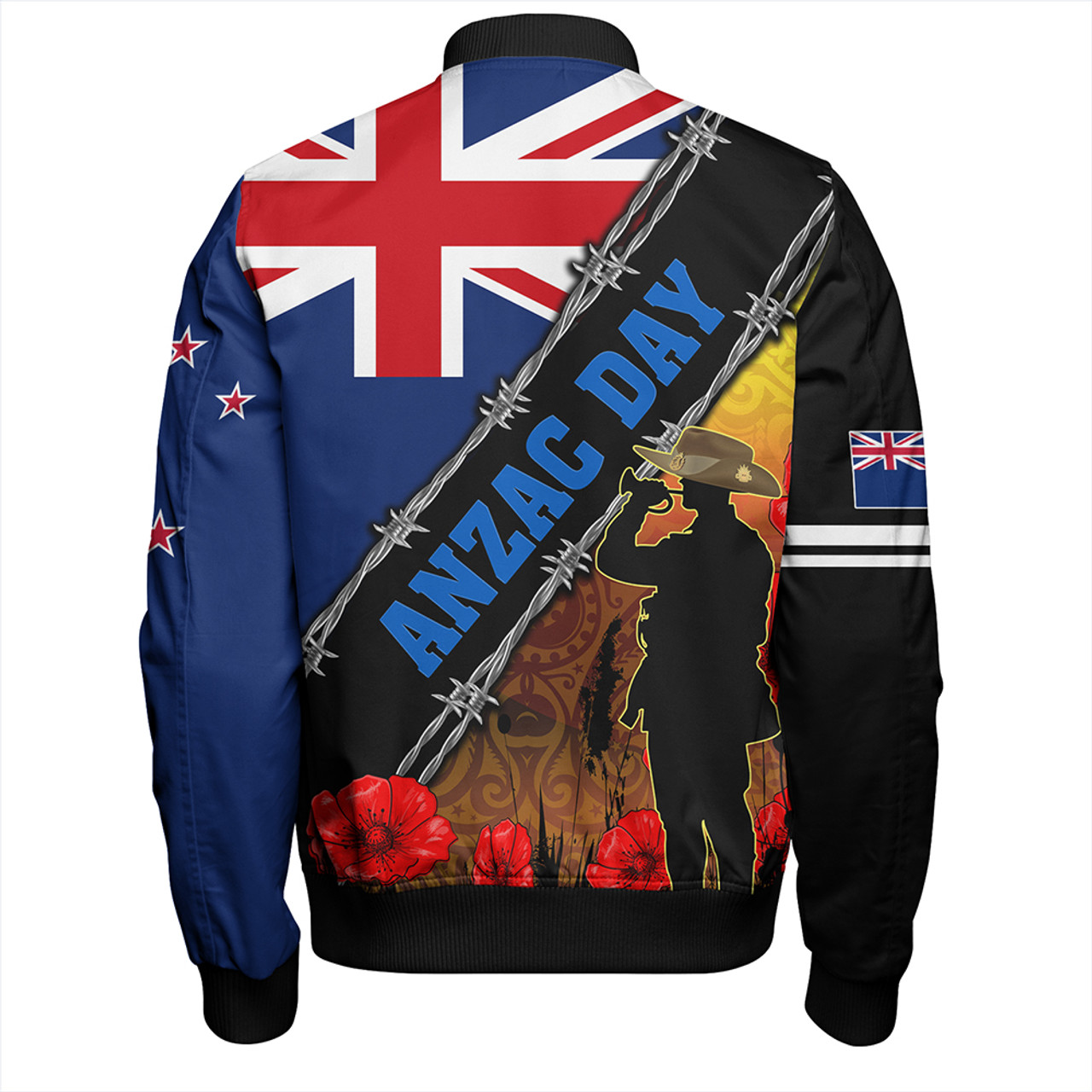 New Zealand Bomber Jacket Lest We Forget Poppy Barbwire Style