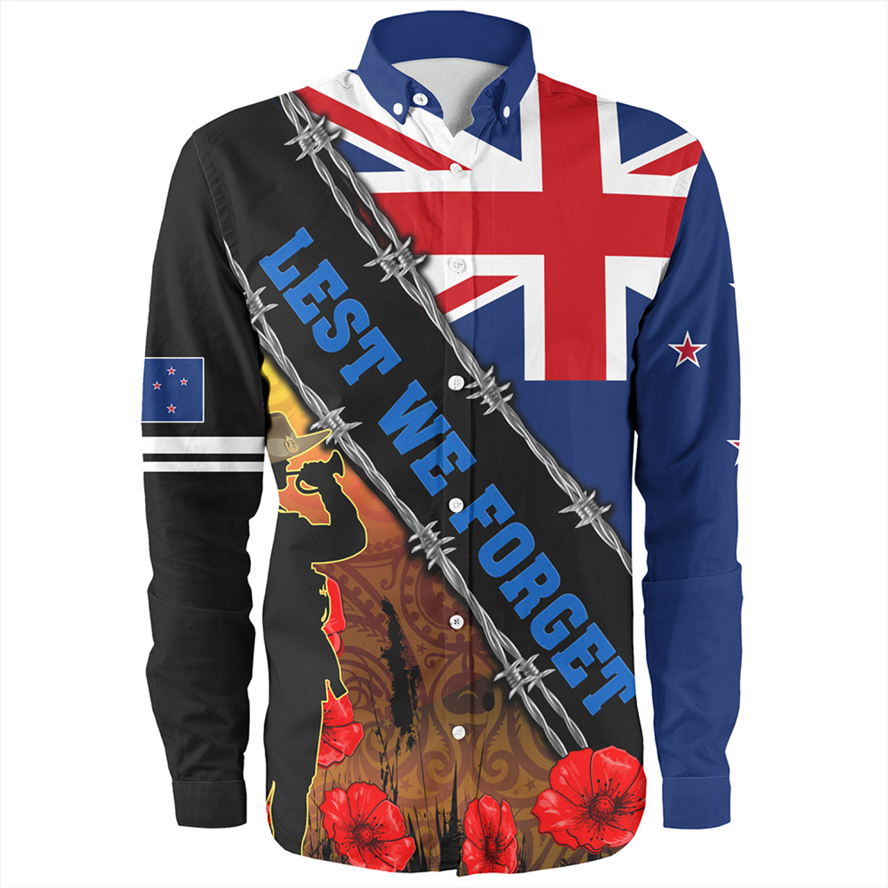 New Zealand Long Sleeve Shirt Lest We Forget Poppy Barbwire Style