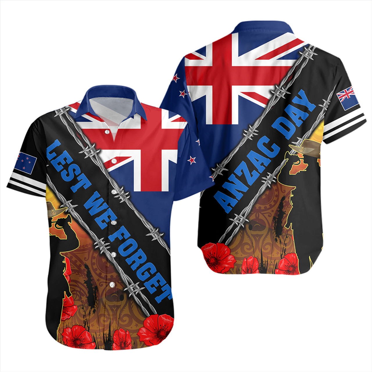 New Zealand Short Sleeve Shirt Lest We Forget Poppy Barbwire Style