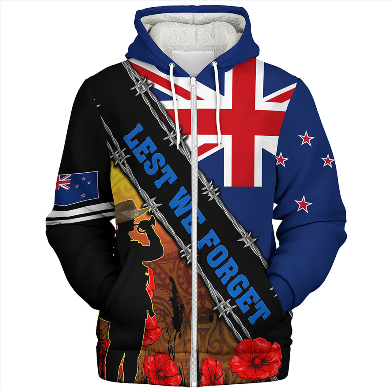 New Zealand Sherpa Hoodie Lest We Forget Poppy Barbwire Style