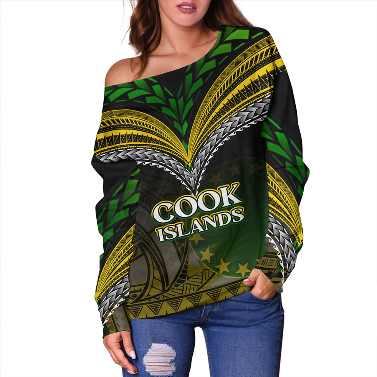 Cook Islands Off Shoulder Sweatshirt Flag Color With Traditional Patterns