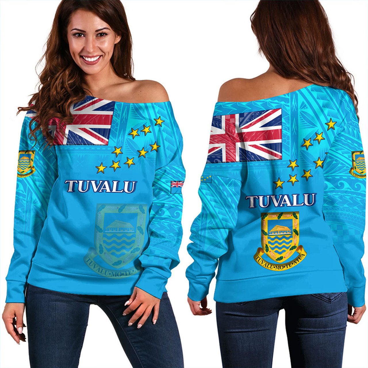 Tuvalu Off Shoulder Sweatshirt Flag Color With Traditional Patterns
