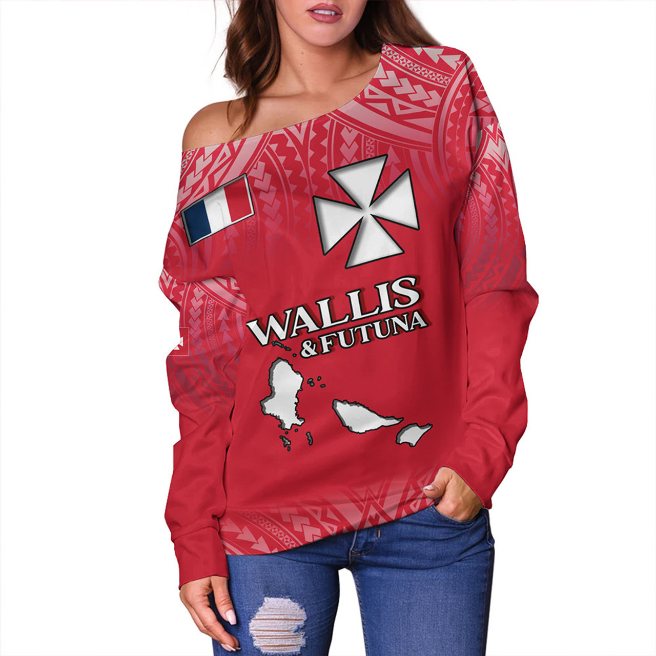 Wallis And Futuna Off Shoulder Sweatshirt Flag Color With Traditional Patterns