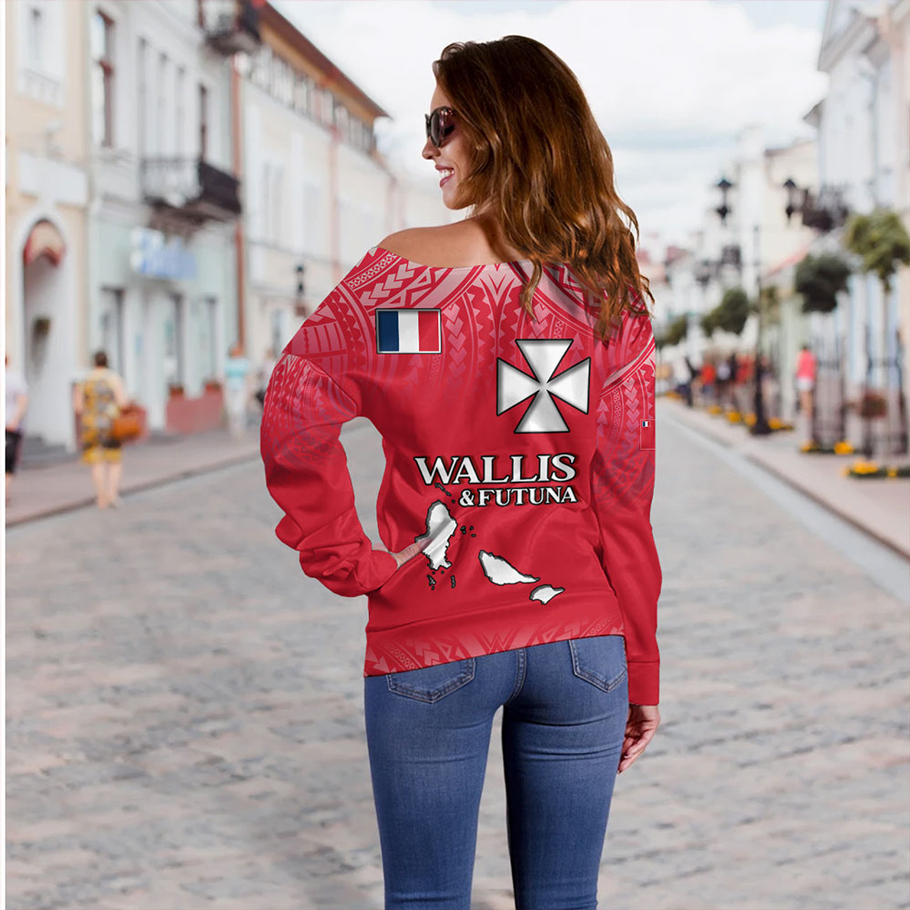 Wallis And Futuna Off Shoulder Sweatshirt Flag Color With Traditional Patterns