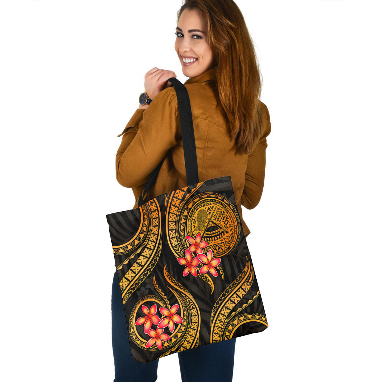 American Samoa Tote Bag Gold Polynesian Pattern Plumeria