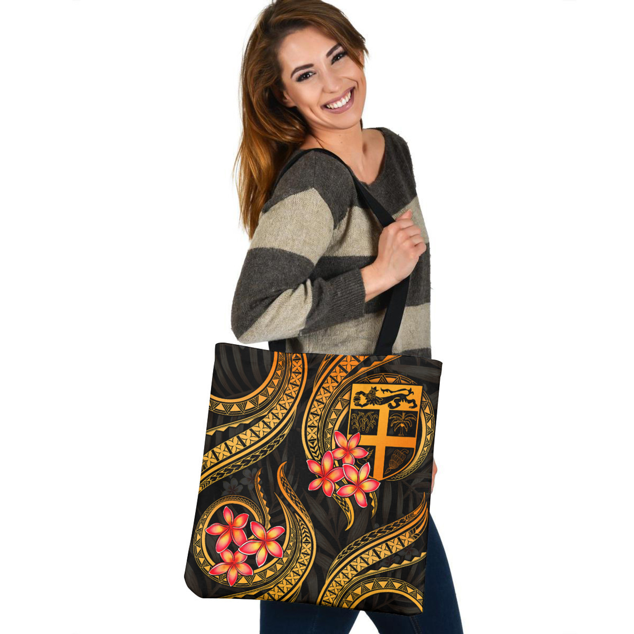 Fiji Tote Bag Gold Polynesian Pattern Plumeria