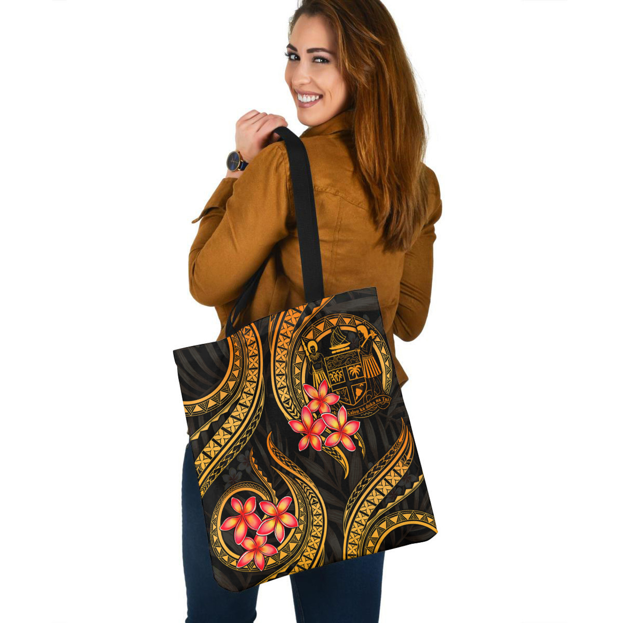 Fiji Crest Tote Bag Gold Polynesian Pattern Plumeria