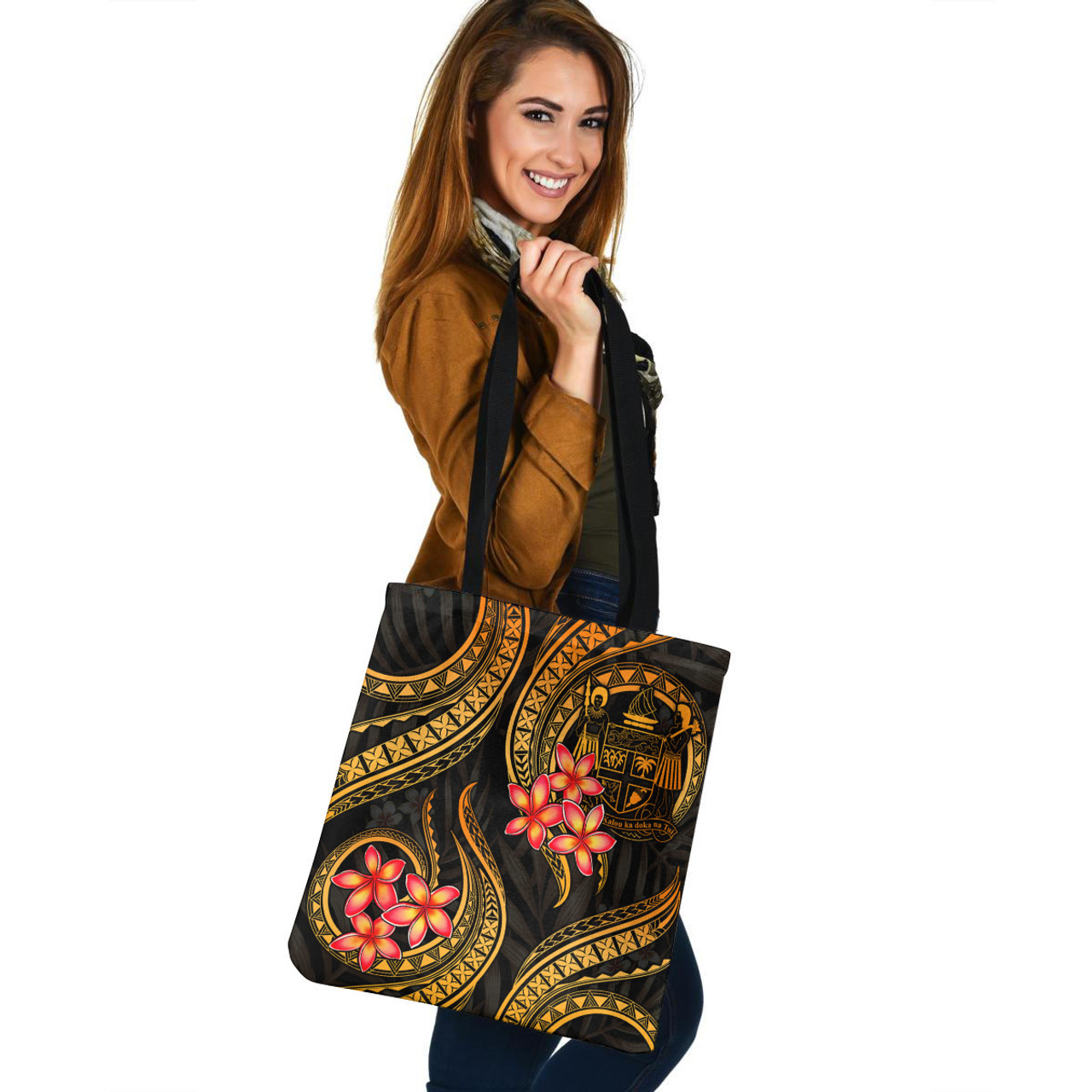 Fiji Crest Tote Bag Gold Polynesian Pattern Plumeria