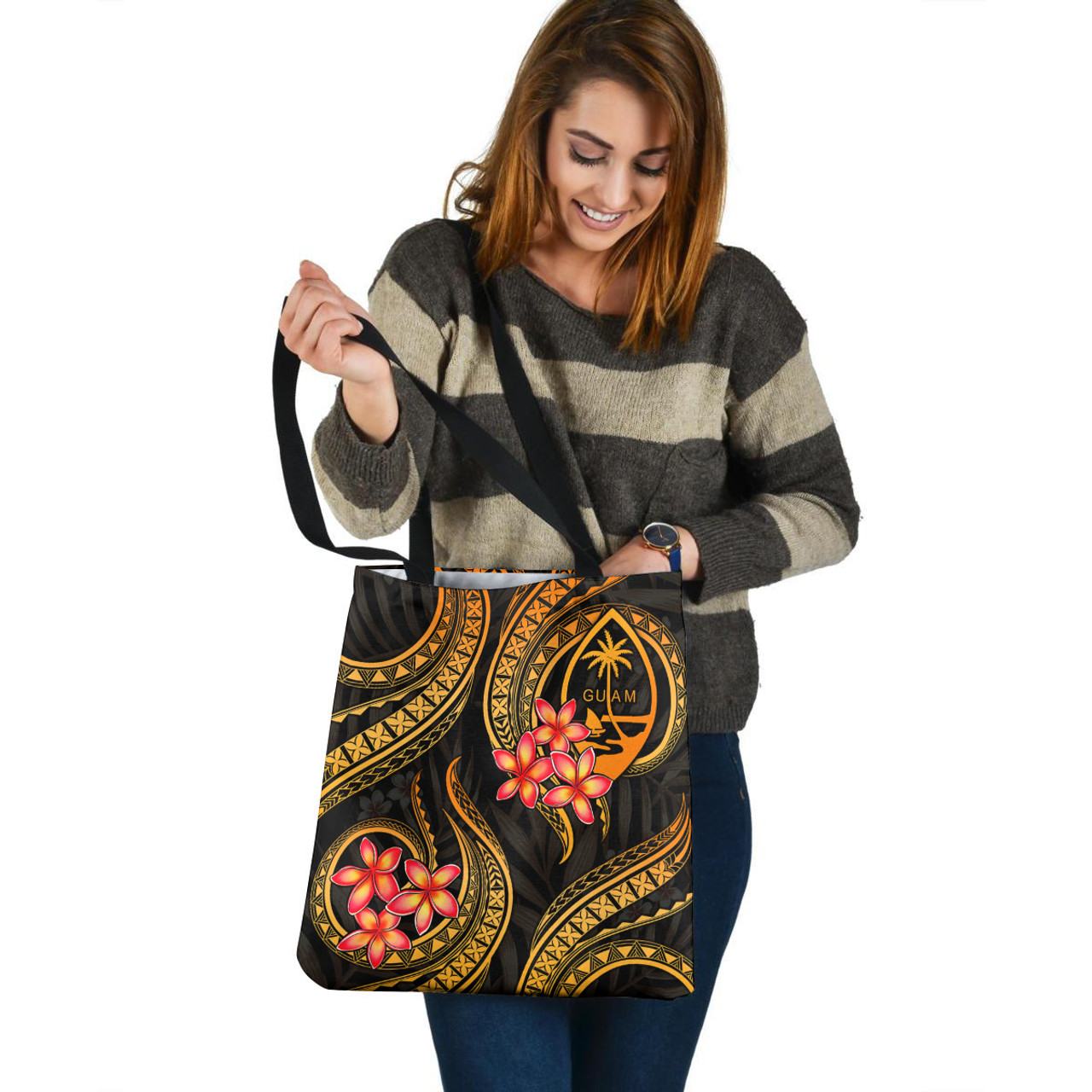 Guam Tote Bag Gold Polynesian Pattern Plumeria 2