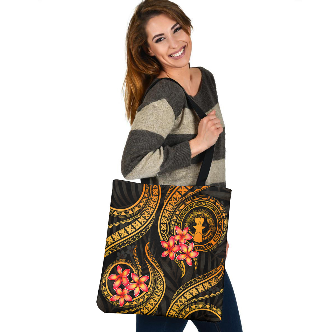 Northern Mariana Islands Tote Bag Gold Polynesian Pattern Plumeria