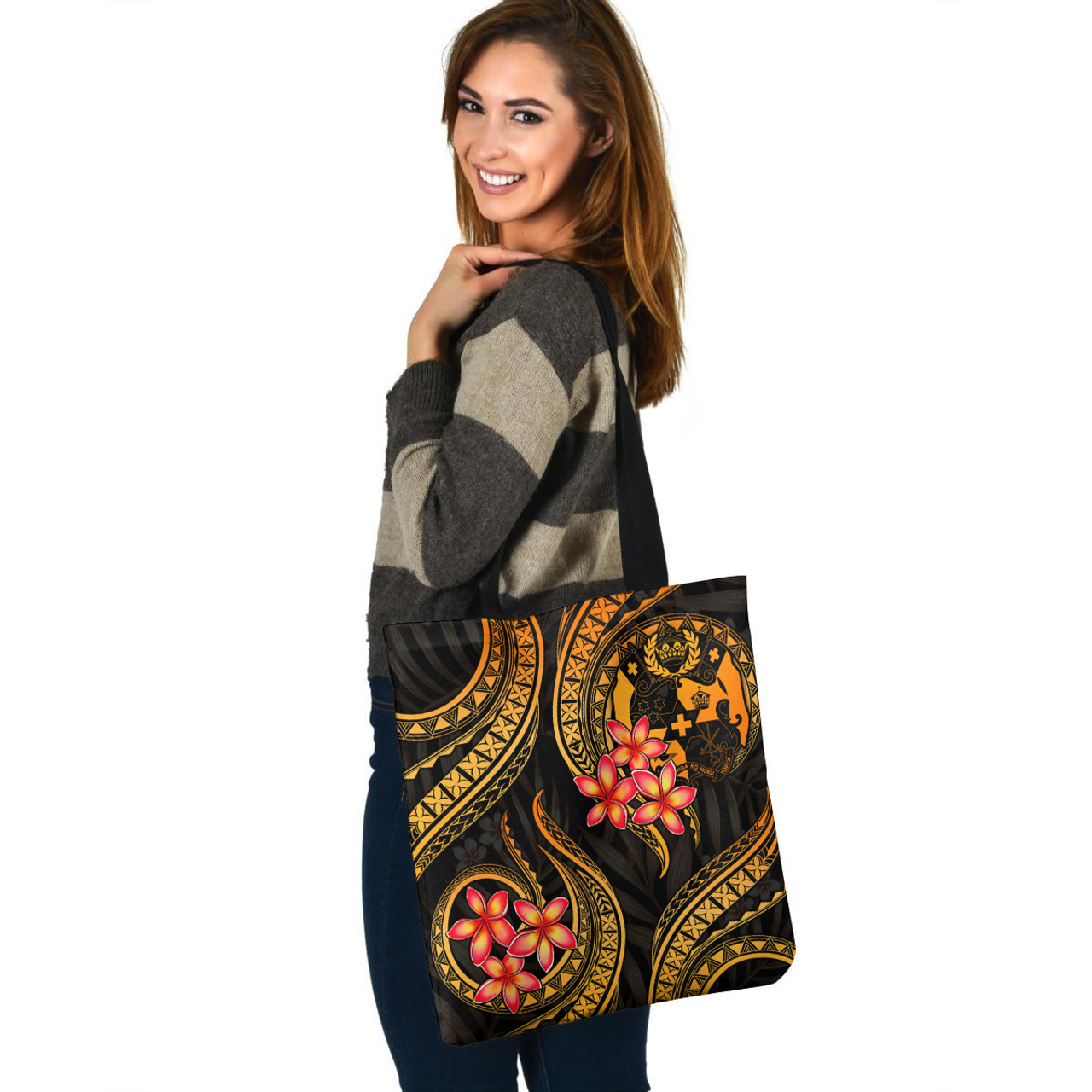 Tonga Tote Bag Gold Polynesian Pattern Plumeria 2