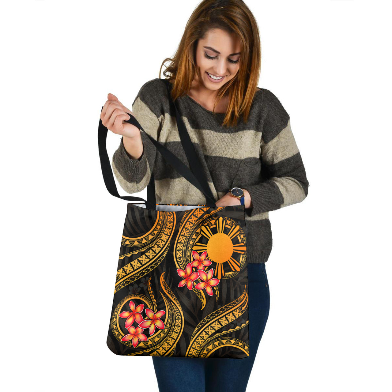 Philippines Tote Bag Gold Polynesian Pattern Plumeria