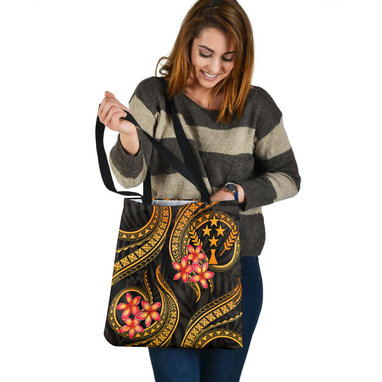 Kosrae Tote Bag Gold Polynesian Pattern Plumeria