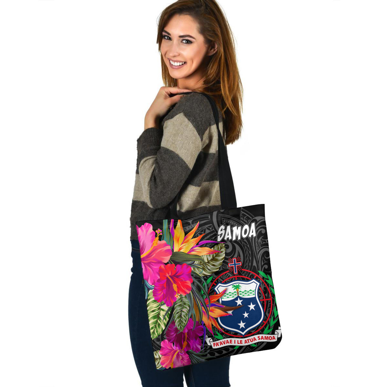 Samoa Custom Personalised Tote Bag Polynesian Hibiscus Pattern