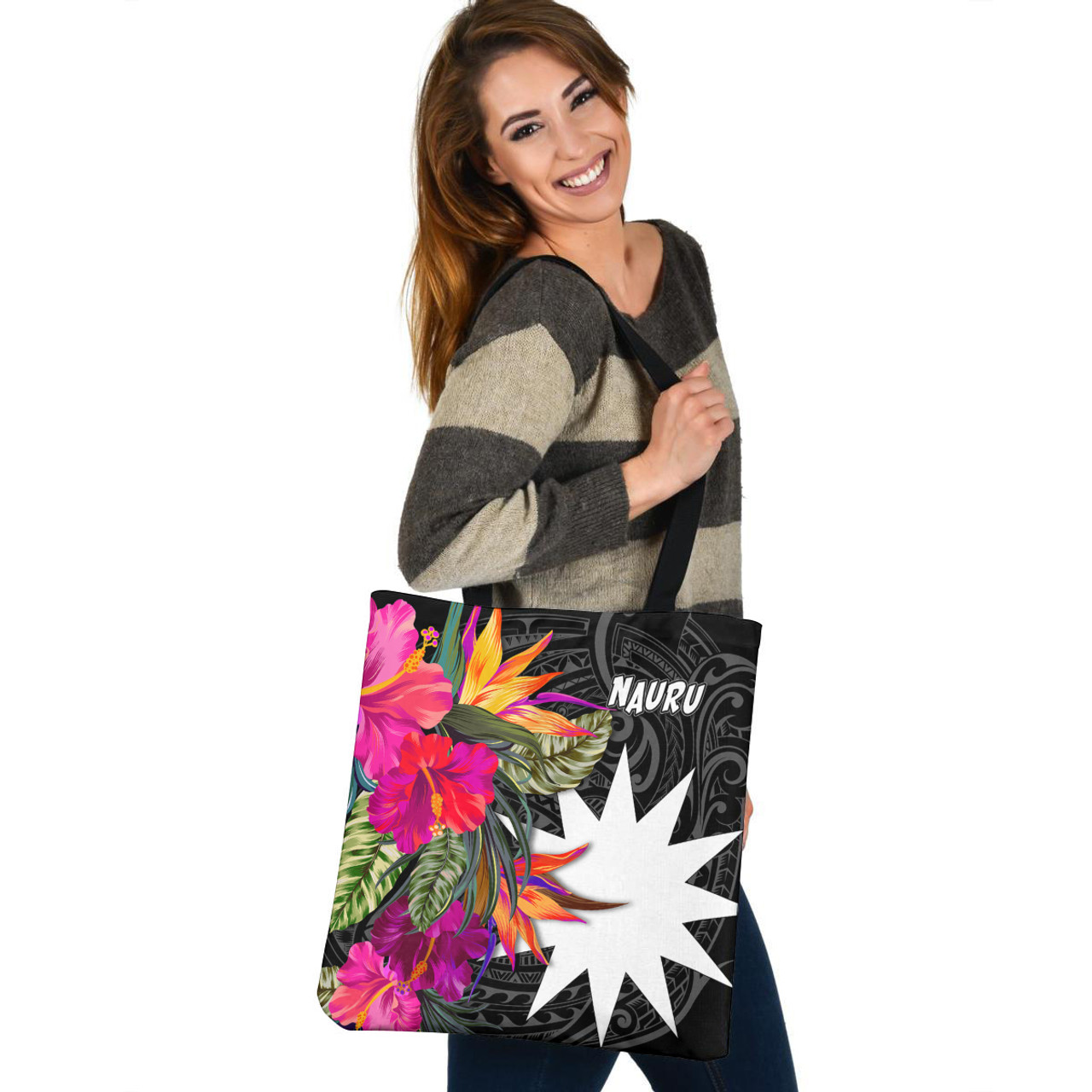 Nauru Custom Personalised Tote Bag Polynesian Hibiscus Pattern