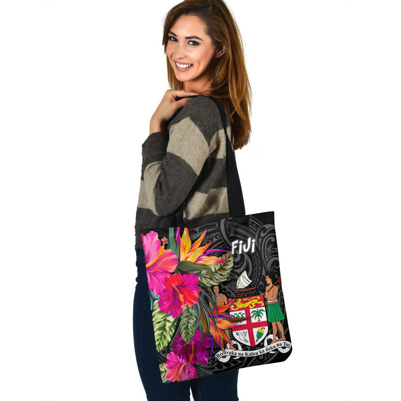 Fiji Crest Custom Personalised Tote Bag Polynesian Hibiscus Pattern
