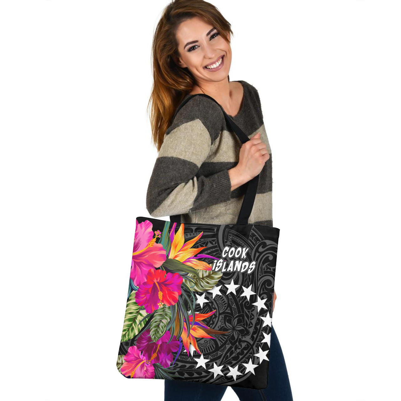 Cook Islands Custom Personalised Tote Bag Polynesian Hibiscus Pattern