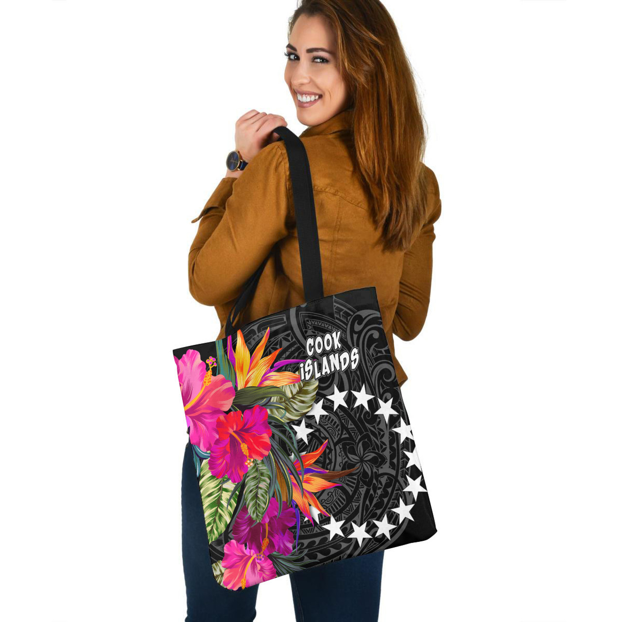 Cook Islands Custom Personalised Tote Bag Polynesian Hibiscus Pattern