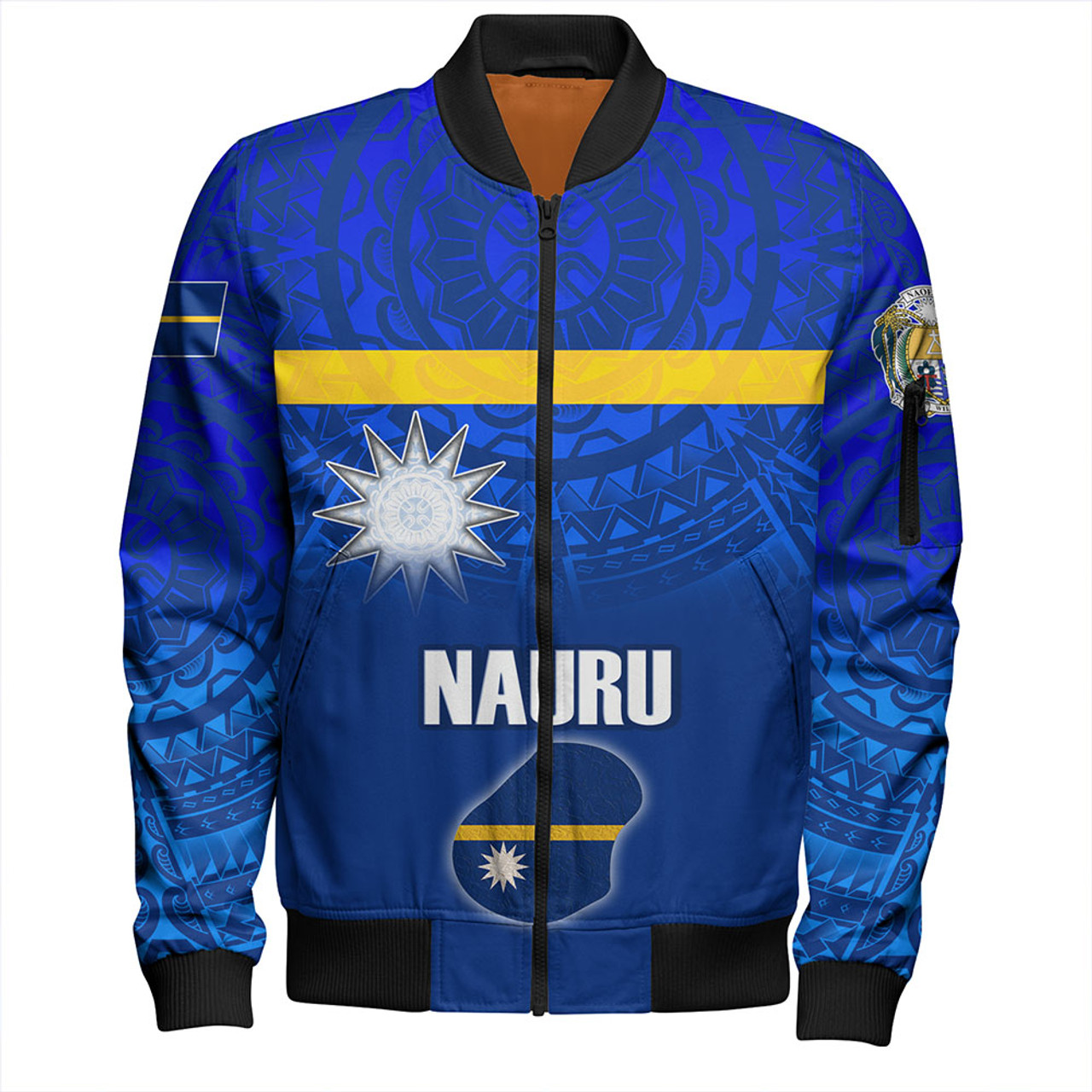 Nauru Bomber Jacket Flag Color With Traditional Patterns