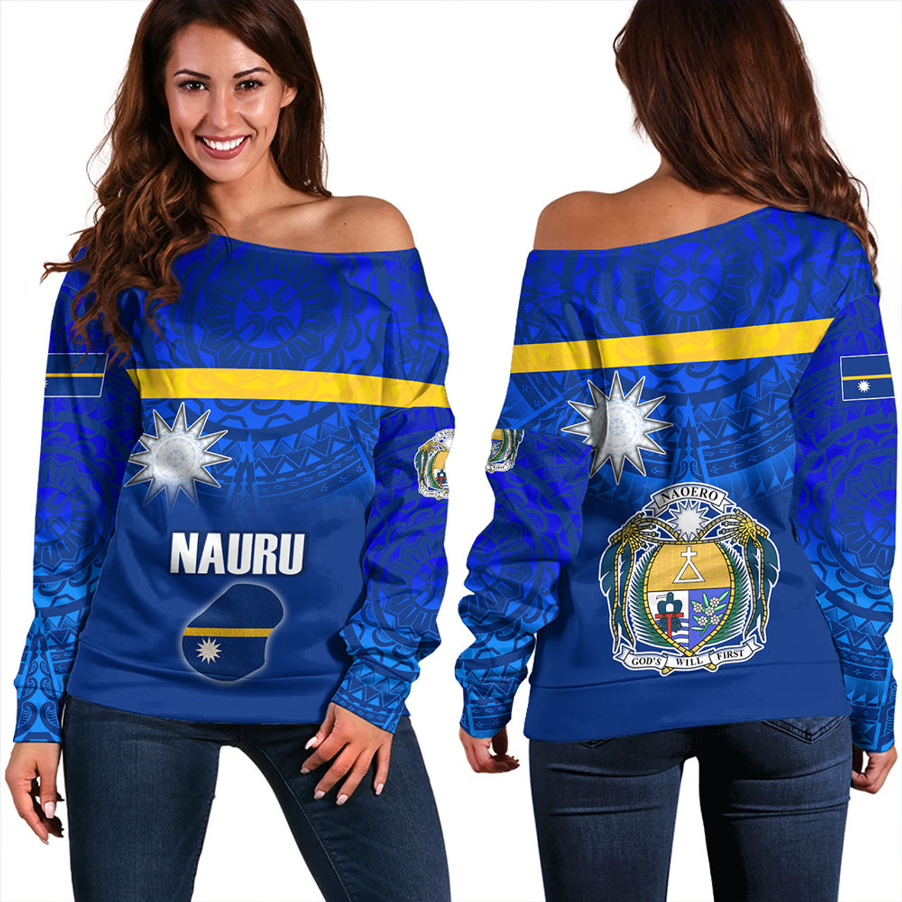 Nauru Off Shoulder Sweatshirt Flag Color With Traditional Patterns