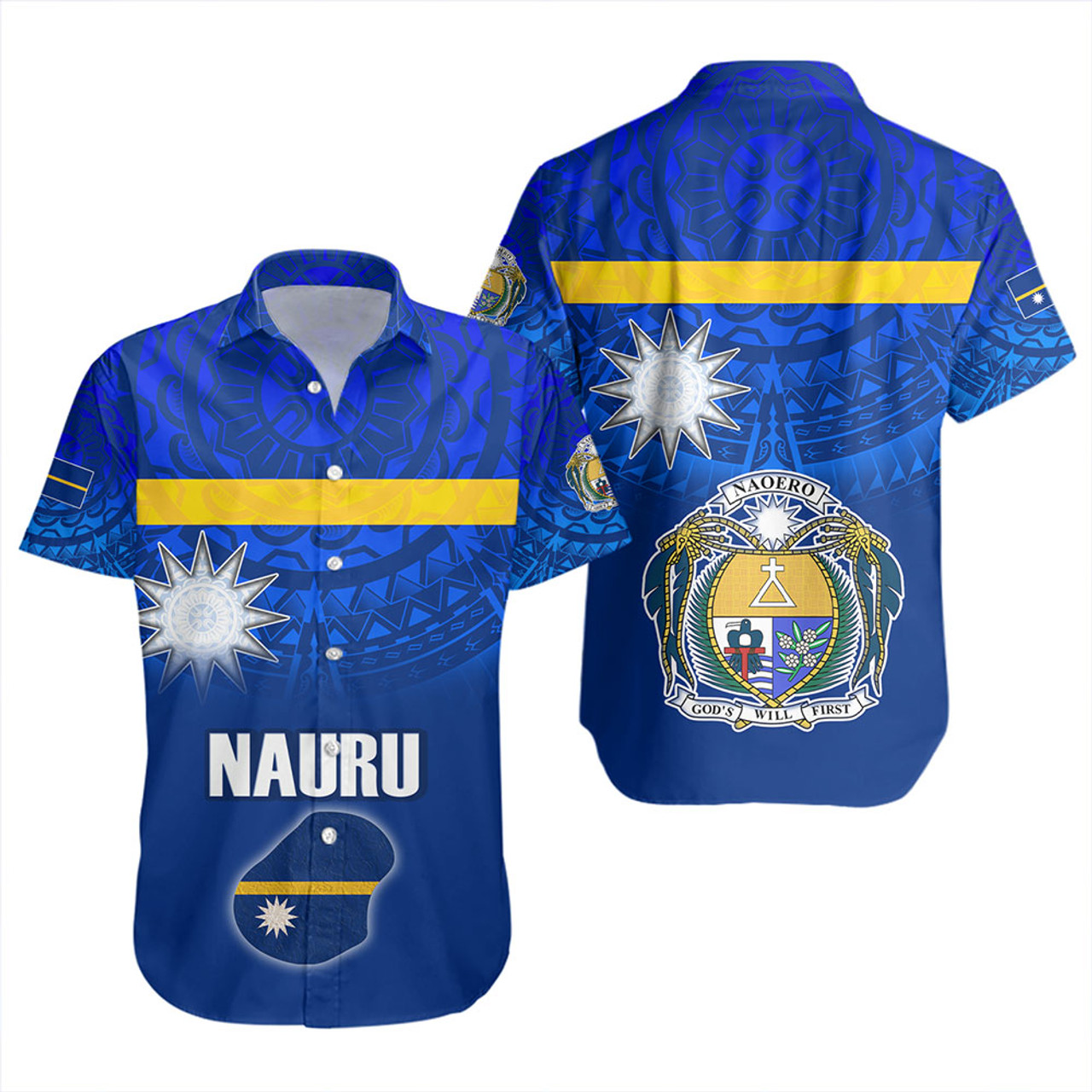 Nauru Short Sleeve Shirt Flag Color With Traditional Patterns