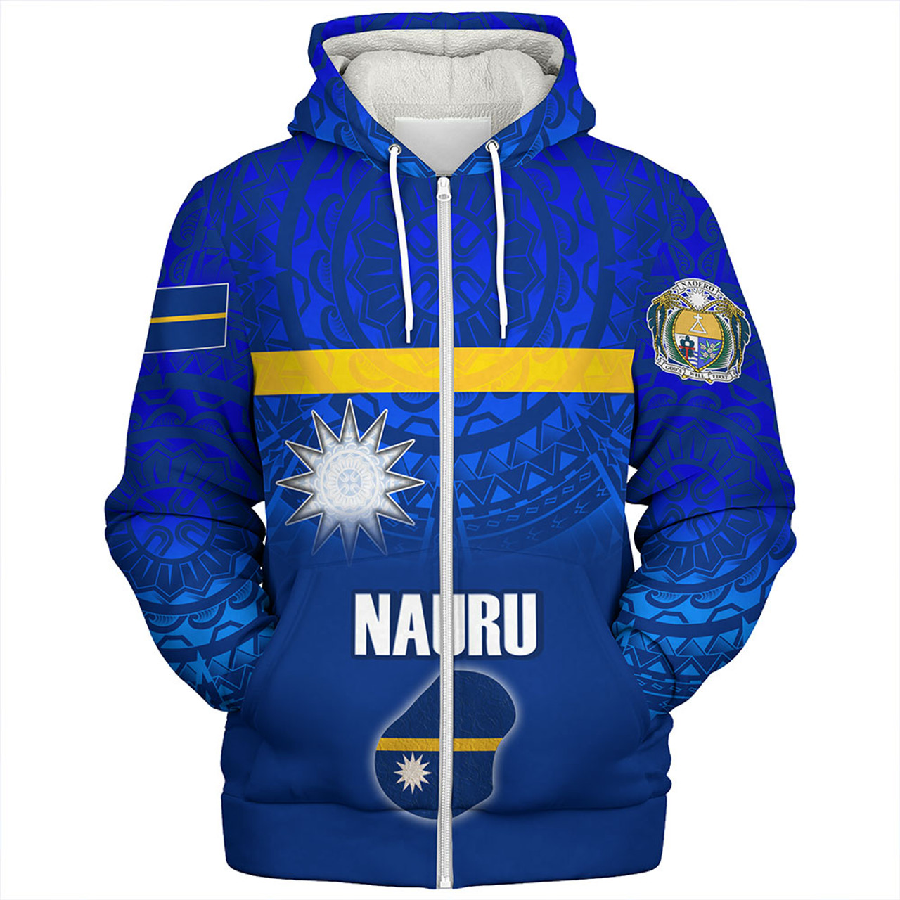 Nauru Sherpa Hoodie Flag Color With Traditional Patterns